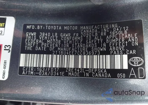 2012 Toyota Corolla S из США, поврежденный, VIN 2T1BU4EE7CC836973